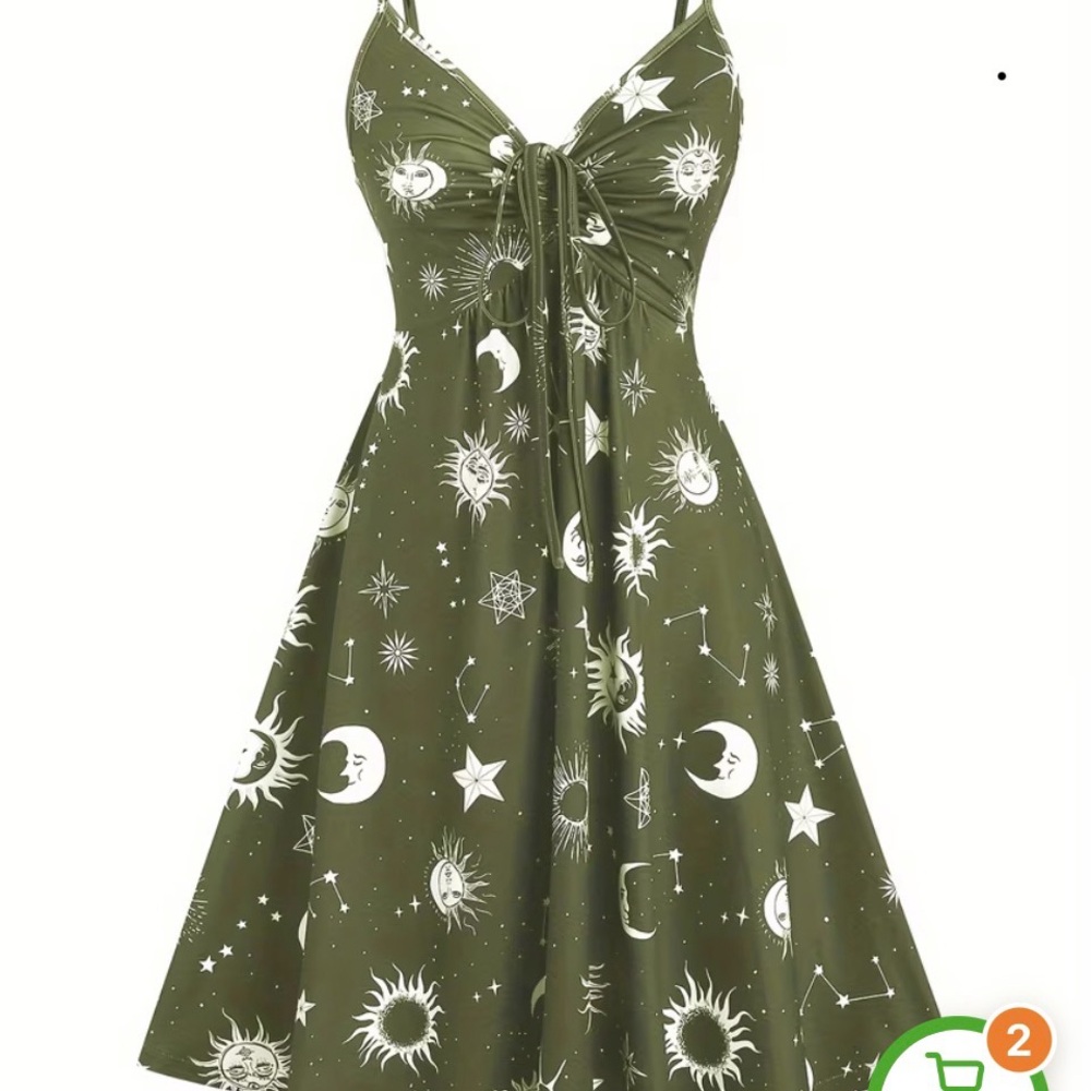 Source Unknown Olive Celestial Print Mini Dress - image 1